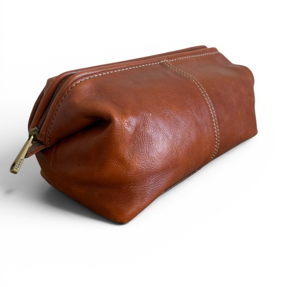 Fossil Mens Brown Leather Dopp Kit Toiletry Bag Travel Wash Bag Brass Hardware